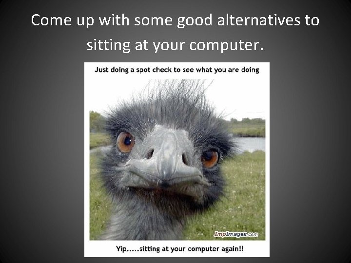Come up with some good alternatives to sitting at your computer. Come up with some good alternatives to sitting at your computer.