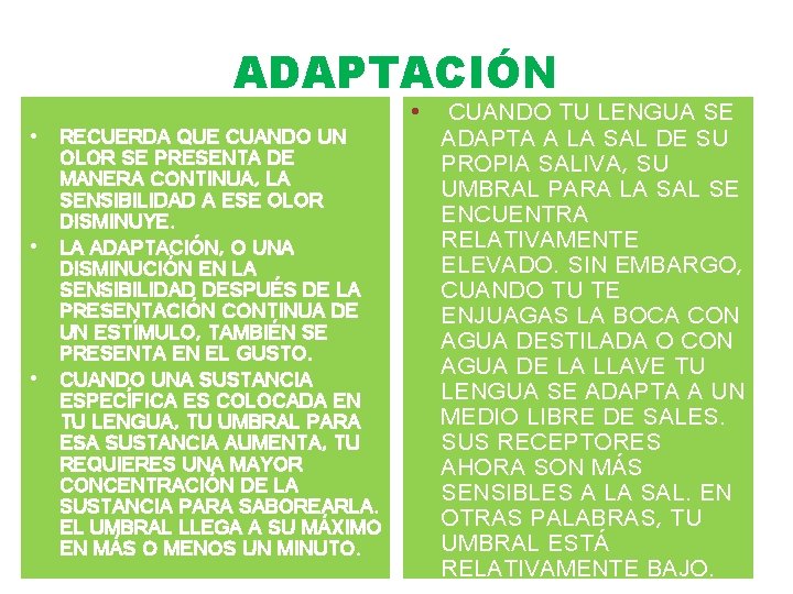 ADAPTACIÓN • RECUERDA QUE CUANDO UN OLOR SE PRESENTA DE MANERA CONTINUA, LA SENSIBILIDAD