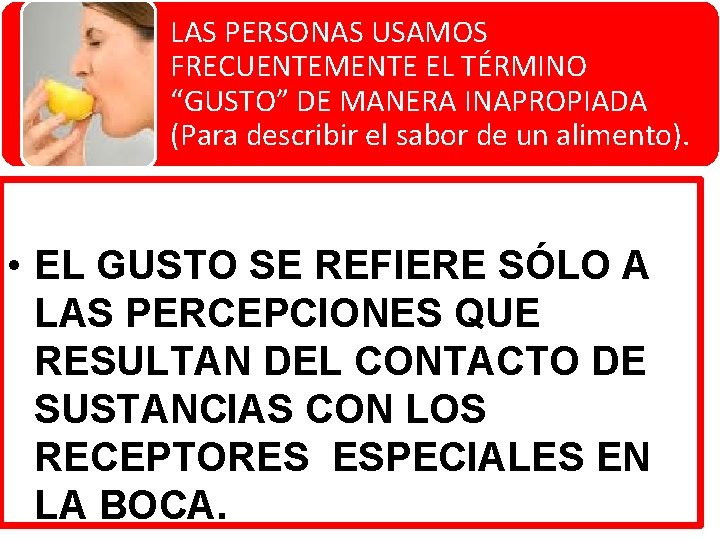 LAS PERSONAS USAMOS FRECUENTEMENTE EL TÉRMINO “GUSTO” DE MANERA INAPROPIADA (Para describir el sabor