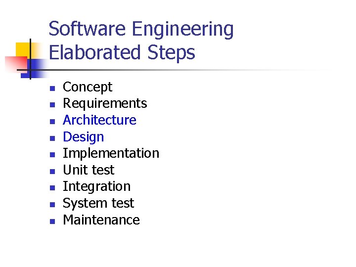 Software Engineering Elaborated Steps n n n n n Concept Requirements Architecture Design Implementation