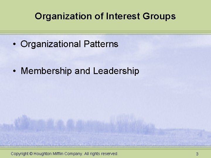 Organization of Interest Groups • Organizational Patterns • Membership and Leadership Copyright © Houghton