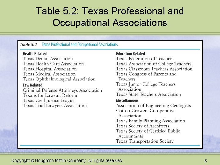 Table 5. 2: Texas Professional and Occupational Associations Copyright © Houghton Mifflin Company. All