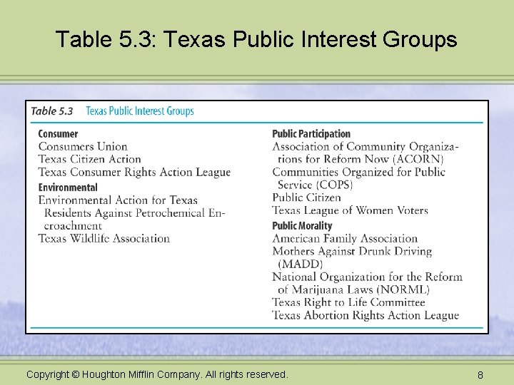 Table 5. 3: Texas Public Interest Groups Copyright © Houghton Mifflin Company. All rights