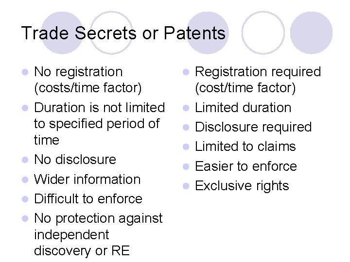 Trade Secrets or Patents l l l No registration (costs/time factor) Duration is not