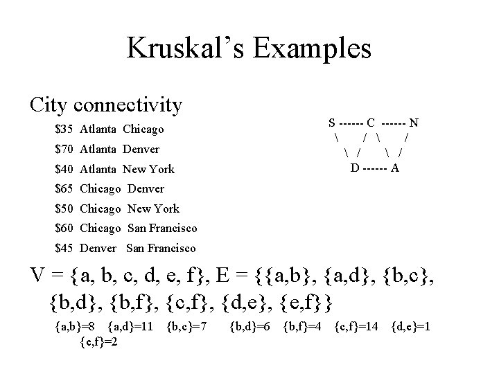Kruskal’s Examples City connectivity S ------ C ------ N  /  / D
