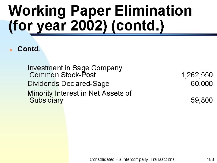 Working Paper Elimination (for year 2002) (contd. ) n Contd. Investment in Sage Company