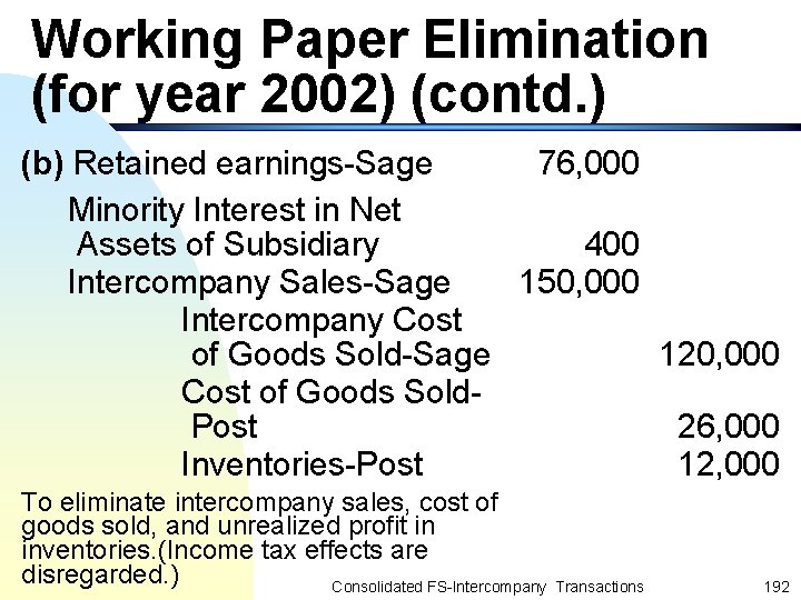Working Paper Elimination (for year 2002) (contd. ) (b) Retained earnings-Sage 76, 000 Minority