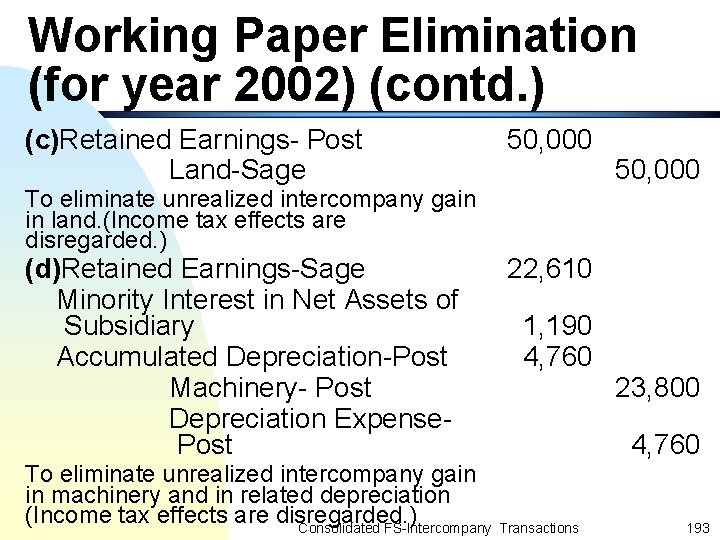 Working Paper Elimination (for year 2002) (contd. ) (c)Retained Earnings- Post Land-Sage To eliminate