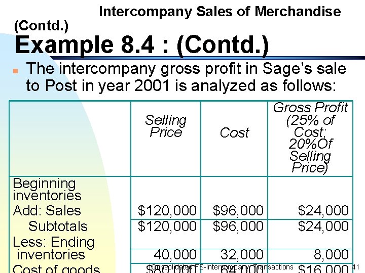 (Contd. ) Intercompany Sales of Merchandise Example 8. 4 : (Contd. ) n The