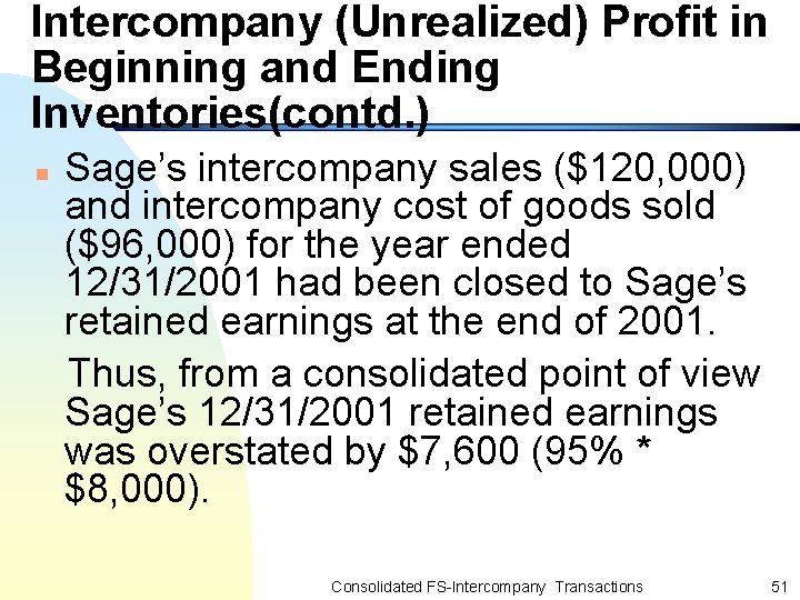 Intercompany (Unrealized) Profit in Beginning and Ending Inventories(contd. ) Sage’s intercompany sales ($120, 000)