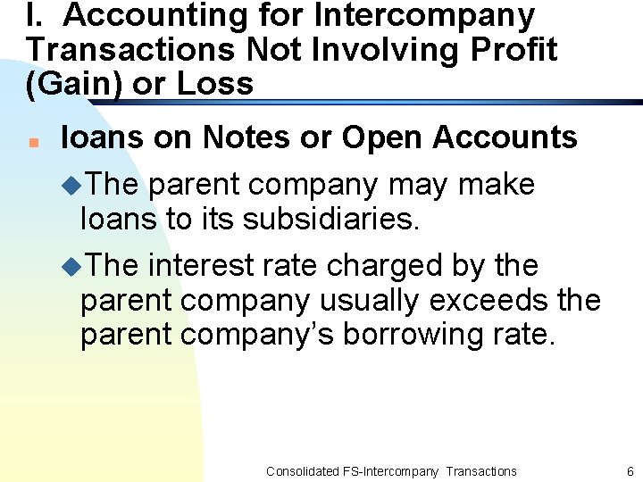 I. Accounting for Intercompany Transactions Not Involving Profit (Gain) or Loss n loans on