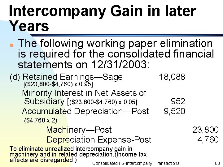 Intercompany Gain in later Years n The following working paper elimination is required for