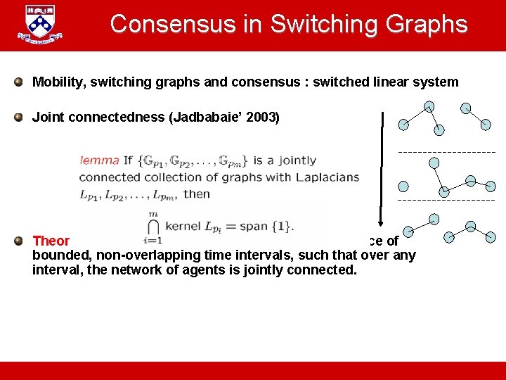 Consensus in Switching Graphs Mobility, switching graphs and consensus : switched linear system Joint