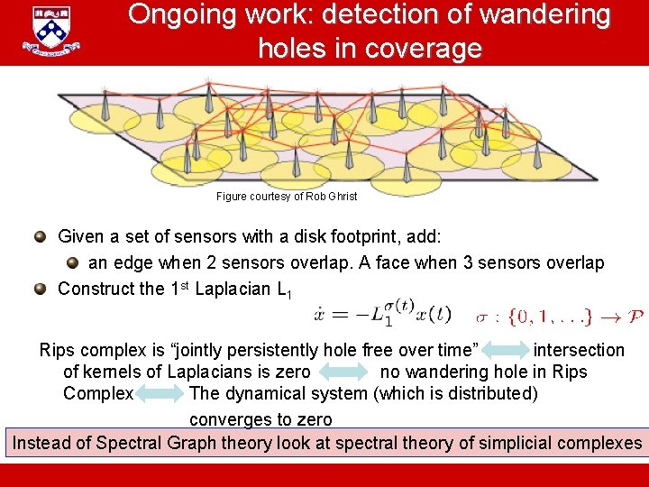 Ongoing work: detection of wandering holes in coverage Figure courtesy of Rob Ghrist Given