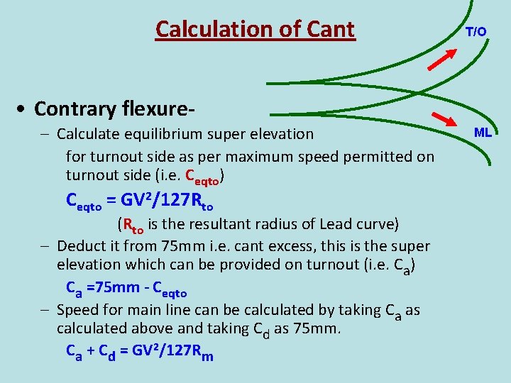 Calculation of Cant T/O • Contrary flexure– Calculate equilibrium super elevation for turnout side
