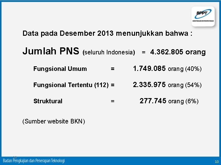 Data pada Desember 2013 menunjukkan bahwa : Jumlah PNS (seluruh Indonesia) = 4. 362.