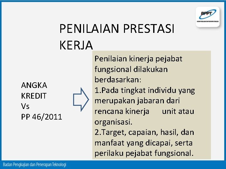 PENILAIAN PRESTASI KERJA ANGKA KREDIT Vs PP 46/2011 Penilaian kinerja pejabat fungsional dilakukan berdasarkan:
