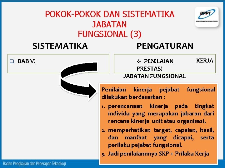 POKOK-POKOK DAN SISTEMATIKA JABATAN FUNGSIONAL (3) SISTEMATIKA BAB VI PENGATURAN PENILAIAN KERJA PRESTASI JABATAN