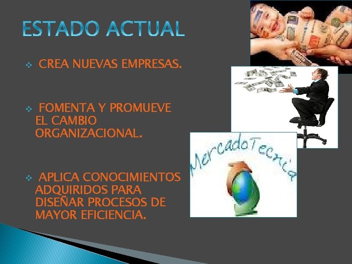 v v v CREA NUEVAS EMPRESAS. FOMENTA Y PROMUEVE EL CAMBIO ORGANIZACIONAL. APLICA CONOCIMIENTOS v v v CREA NUEVAS EMPRESAS. FOMENTA Y PROMUEVE EL CAMBIO ORGANIZACIONAL. APLICA CONOCIMIENTOS