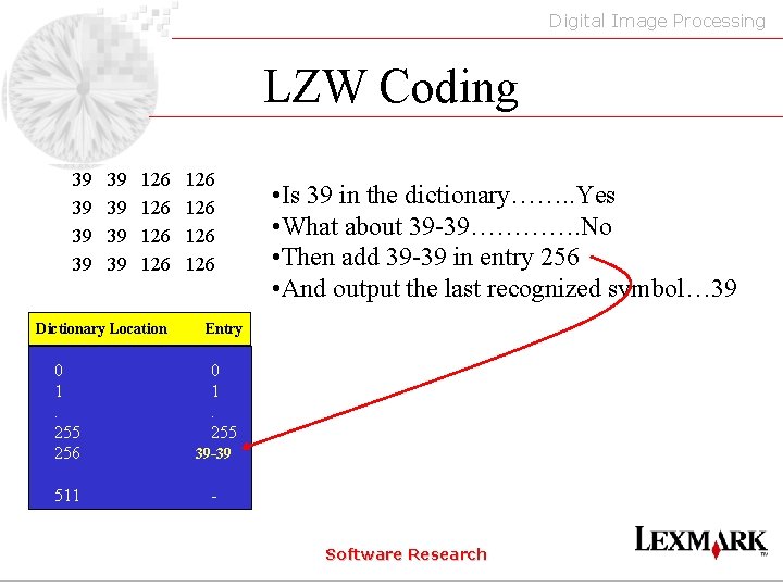 Digital Image Processing LZW Coding 39 39 126 126 Dictionary Location 126 126 •