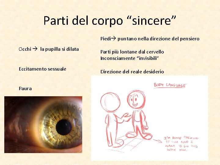 Parti del corpo “sincere” Piedi puntano nella direzione del pensiero Occhi la pupilla si