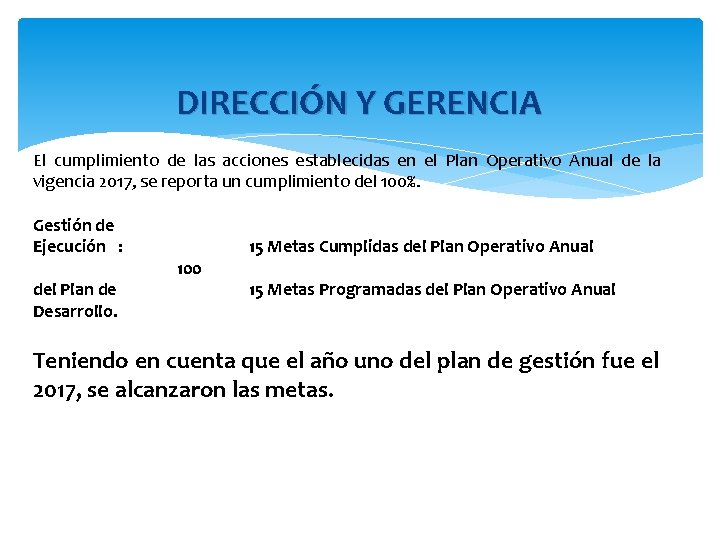 DIRECCIÓN Y GERENCIA El cumplimiento de las acciones establecidas en el Plan Operativo Anual