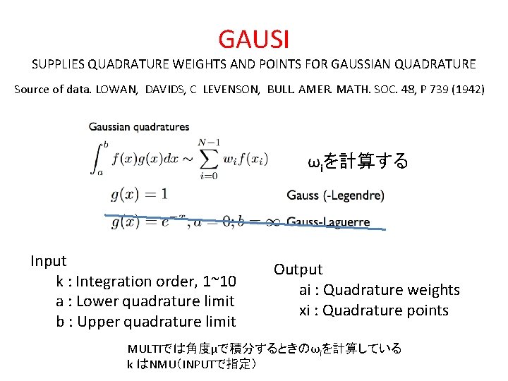 GAUSI SUPPLIES QUADRATURE WEIGHTS AND POINTS FOR GAUSSIAN QUADRATURE Source of data. LOWAN, DAVIDS,