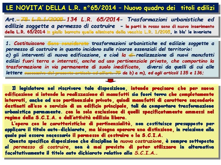 LE NOVITA’ DELLA L. R. n° 65/2014 – Nuovo quadro dei titoli edilizi Art.