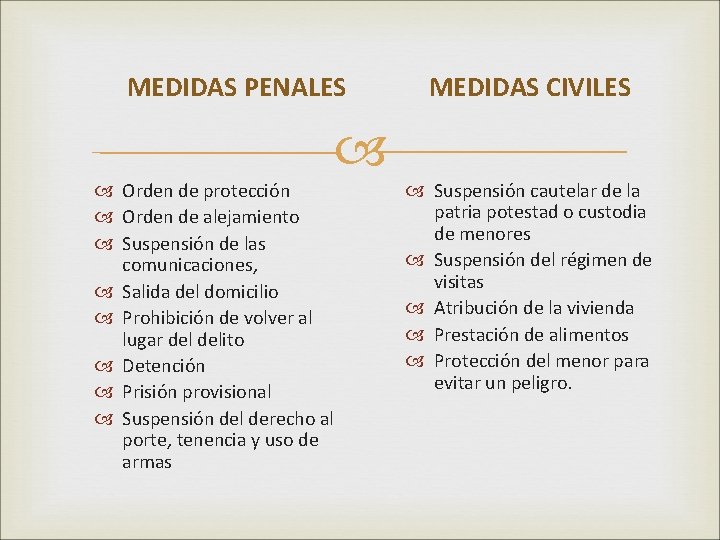 MEDIDAS PENALES MEDIDAS CIVILES Orden de protección Orden de alejamiento Suspensión de las comunicaciones,