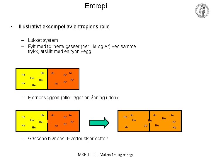 Entropi • Illustrativt eksempel av entropiens rolle – Lukket system – Fylt med to