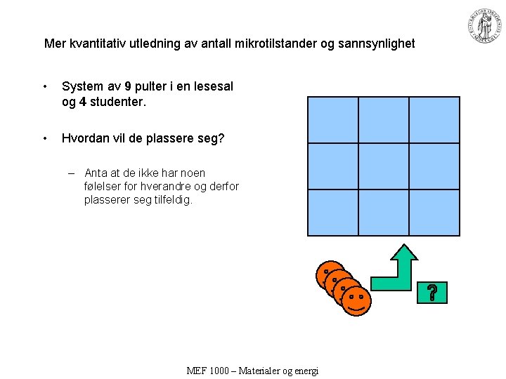 Mer kvantitativ utledning av antall mikrotilstander og sannsynlighet • System av 9 pulter i