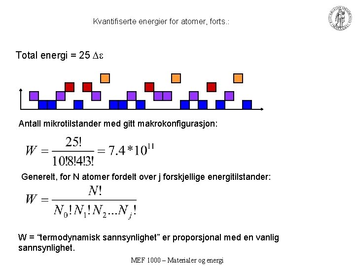 Kvantifiserte energier for atomer, forts. : Total energi = 25 Antall mikrotilstander med gitt