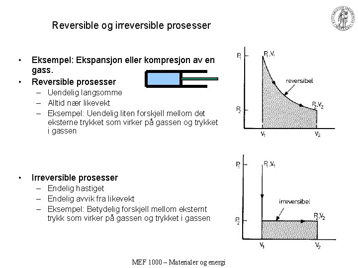 Reversible og irreversible prosesser • • Eksempel: Ekspansjon eller kompresjon av en gass. Reversible