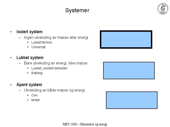 Systemer • Isolert system – Ingen utveksling av masse eller energi • Lukket termos