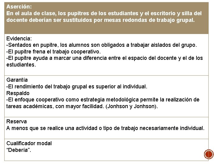 Aserción: En el aula de clase, los pupitres de los estudiantes y el escritorio