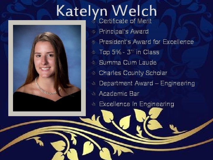 Katelyn Welch Certificate of Merit Principal’s Award President’s Award for Excellence Top 5% - Katelyn Welch Certificate of Merit Principal’s Award President’s Award for Excellence Top 5% -