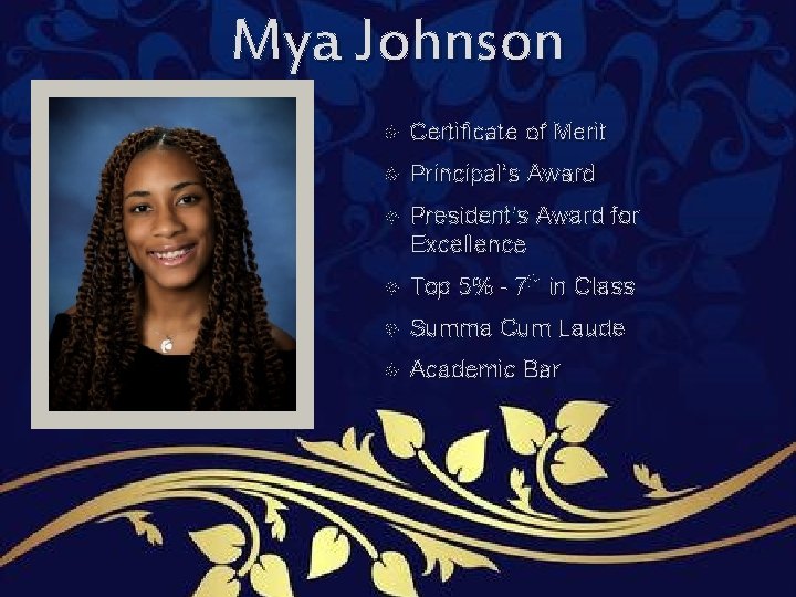 Mya Johnson Certificate of Merit Principal’s Award President's Award for Excellence Top 5% - Mya Johnson Certificate of Merit Principal’s Award President's Award for Excellence Top 5% -