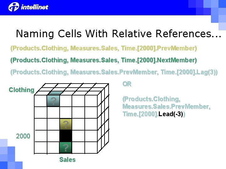 Naming Cells With Relative References. . . (Products. Clothing, Measures. Sales, Time. [2000]. Prev.
