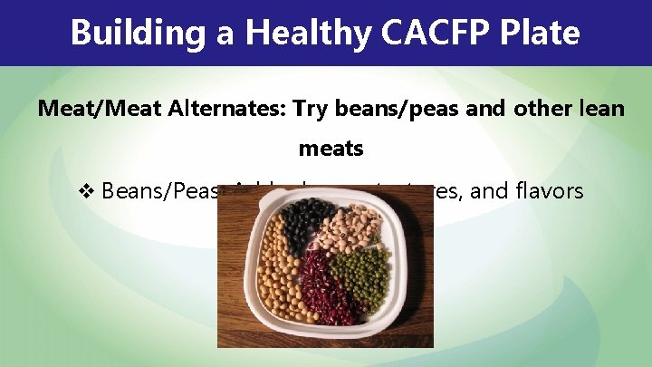 Building a Healthy CACFP Plate Meat/Meat Alternates: Try beans/peas and other lean meats v