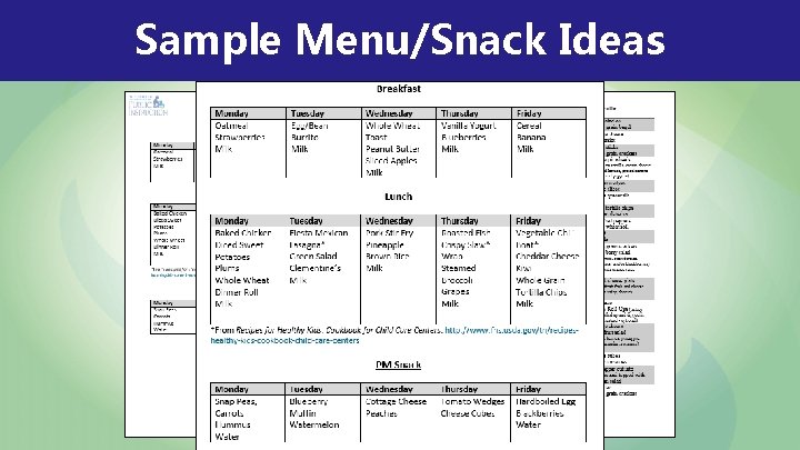 Sample Menu/Snack Ideas Sample Menu/Snack Ideas