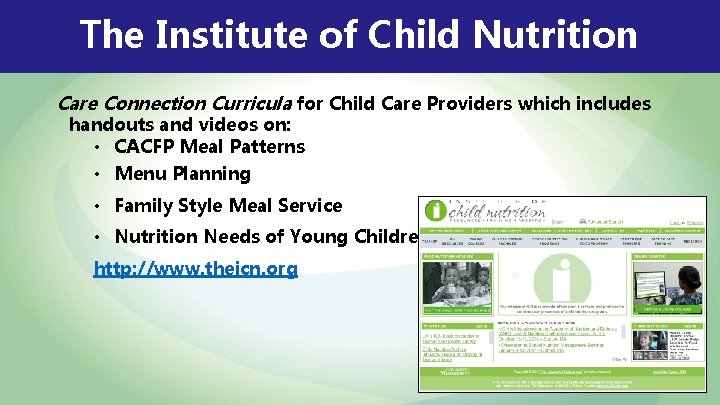 The Institute of Child Nutrition Care Connection Curricula for Child Care Providers which includes