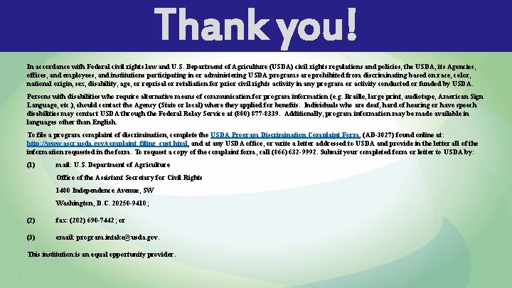 Thank you! In accordance with Federal civil rights law and U. S. Department of Thank you! In accordance with Federal civil rights law and U. S. Department of