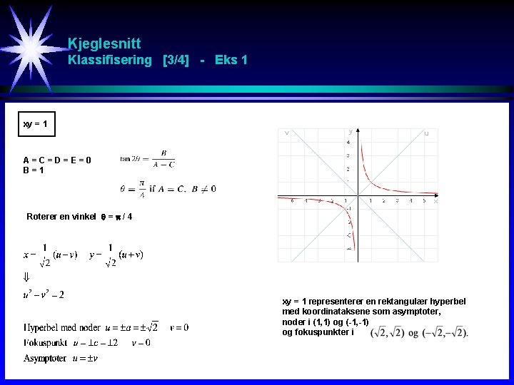 Kjeglesnitt Klassifisering [3/4] - Eks 1 xy = 1 v y u A=C=D=E=0 B=1