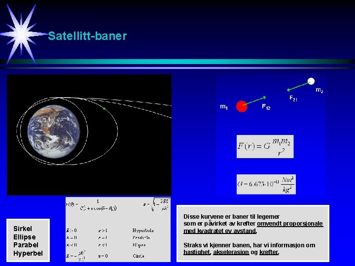 Satellitt-baner Sirkel Ellipse Parabel Hyperbel Disse kurvene er baner til legemer som er påvirket