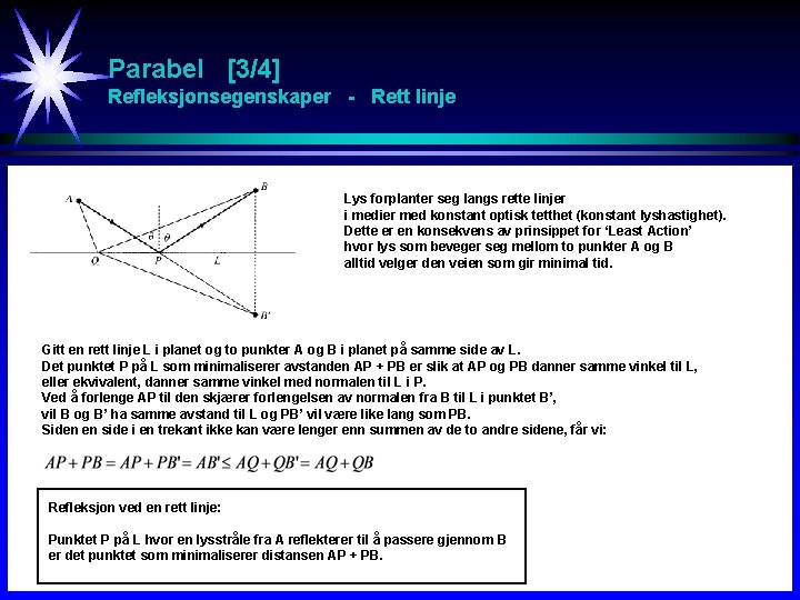 Parabel [3/4] Refleksjonsegenskaper - Rett linje Lys forplanter seg langs rette linjer i medier