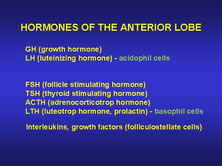 HORMONES OF THE ANTERIOR LOBE GH (growth hormone) LH (luteinizing hormone) - acidophil cells