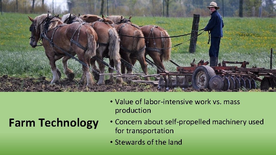 Farm Technology • Value of labor-intensive work vs. mass production • Concern about self-propelled