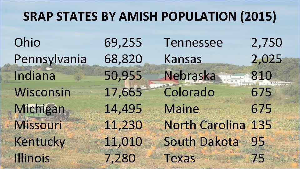 SRAP STATES BY AMISH POPULATION (2015) Ohio Pennsylvania Indiana Wisconsin Michigan Missouri Kentucky Illinois