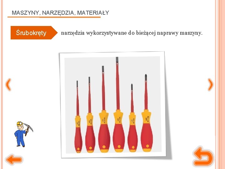 MASZYNY, NARZĘDZIA, MATERIAŁY Śrubokręty narzędzia wykorzystywane do bieżącej naprawy maszyny. 