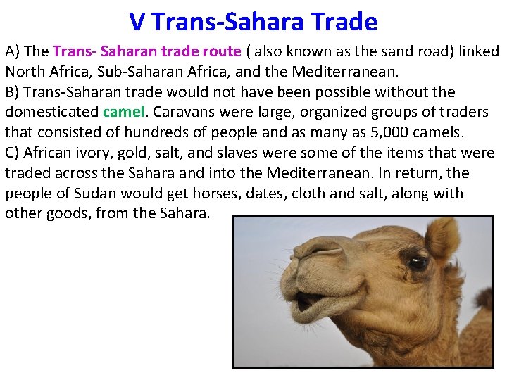 V Trans-Sahara Trade A) The Trans- Saharan trade route ( also known as the
